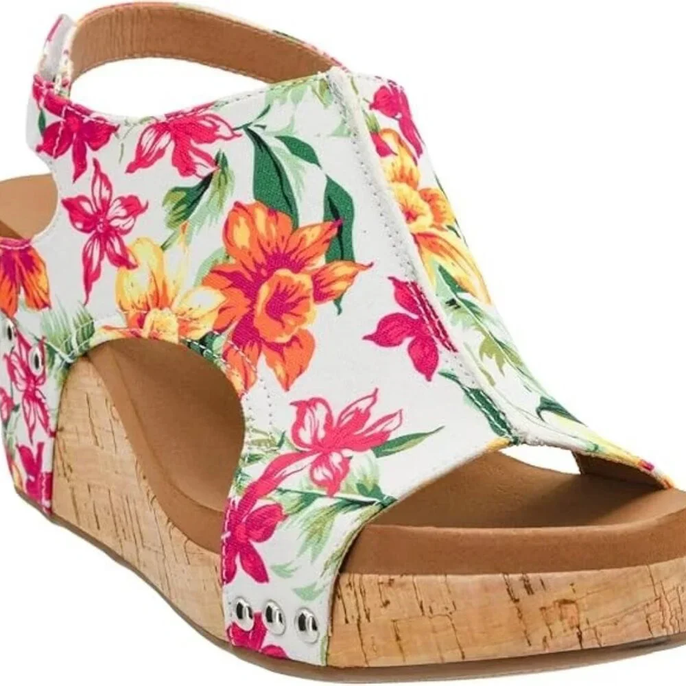 Corkys Footwear Womens White Floral Carley Wedges - Picture 1 of 3